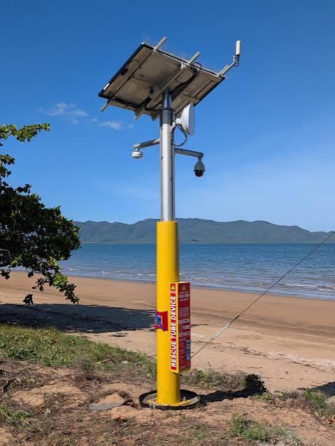 Emergency Response Beacon installed in a coastal location with solar panel and cameras